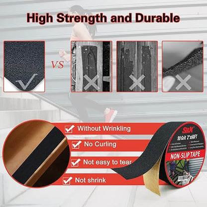 S&X Anti Slip Tape, 2 Inch x 60 Ft Non Slip Tape for Outdoor Steps, Non Skid High Traction Grip Tape for Stairs Waterproof, Corundum Surface, Polyester Film Based, Long-Lasting, Black