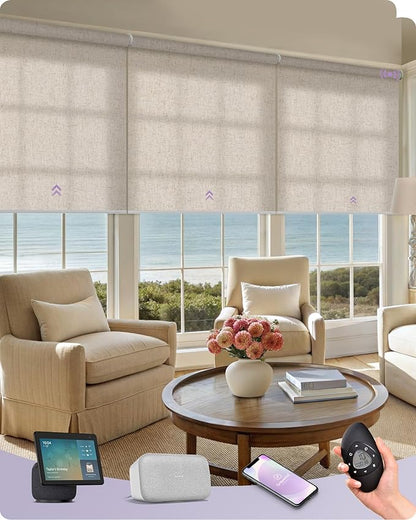 Graywind Smart Coupled Roller Shades Compatible with Alexa Google Custom Size Extra Large Motorized Blinds for Windows(Linen Beige)