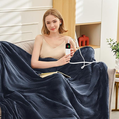 Heated Blanket Twin 62"×84" - Premium Cosy Soft Electric Blanket with 6 Heating Levels,Fast Heating Flannel Sherpa Machine Washable Blanket for Bed & Couch - Auto Shut Off(Navy Blue)