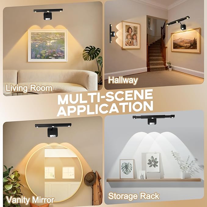 Motion Sensor Wireless Picture Lights for Wall, Dimmable Battery Operated Picture Light with Timer, Extendable Painting Light with Remote, 3 Color Temp, Rotatable Wall Art Light for Paintings