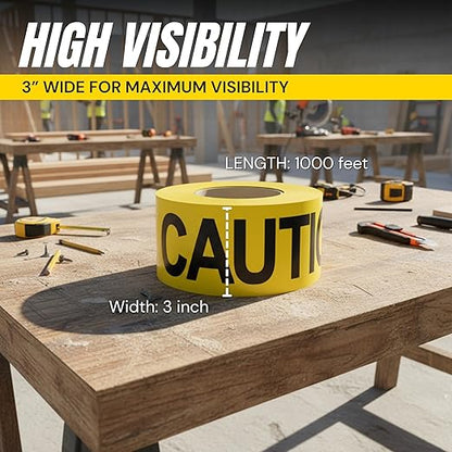 Caution Tape 3 Pack 3 inch x 1000 feet, Bright Yellow w/Bold Black Text, 3" Wide for Maximum Readability Strongest & Thickest Tape for Danger/Hazardous Areas