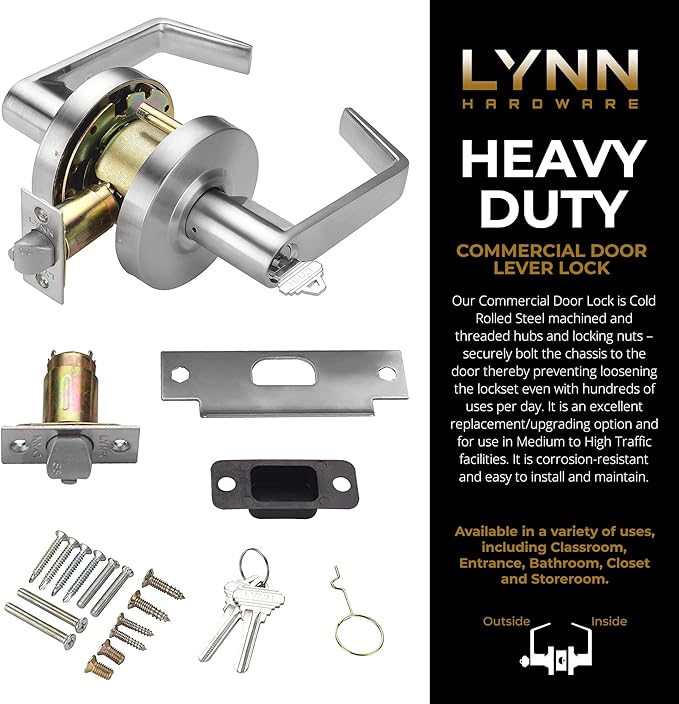 LYNN HARDWARE Commercial Door Lever Lock - Heavy-Duty Locking Door Handle, Designer Door Handles, Cylindrical Lever Lock, Non-Handed Grade 2 Door Handle, Satin Chrome, Entrance/Keylock