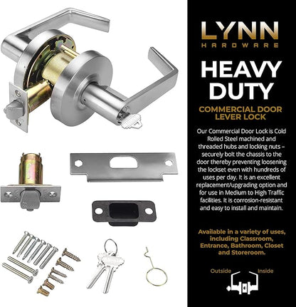 LYNN HARDWARE Commercial Door Lever Lock - Heavy-Duty Locking Door Handle, Designer Door Handles, Cylindrical Lever Lock, Non-Handed Grade 2 Door Handle, Satin Chrome, Entrance Keylock w/Clutch
