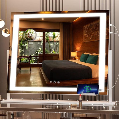 Hasipu Vanity Mirror with Lights, 24.2" x 19.7" LED Makeup Mirror, Light up Mirror with 10X Magnification and USB, Phone Holder, Smart Touch 3 Colors Dimmable, 360° Rotation (Right Angle White)