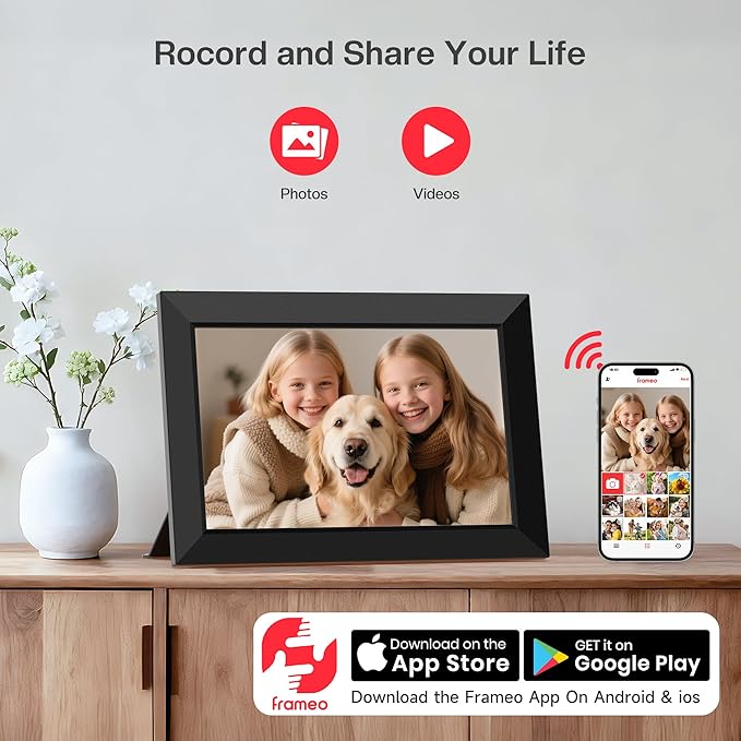 Frameo 10.1 Inch WiFi Digital Picture Frame, Smart Cloud Electronic Photo Frame with HD IPS Touch Screen Slideshow 32GB Memory Auto-Rotate Wall Mount, Share Photos/Videos from Phone by Frameo App