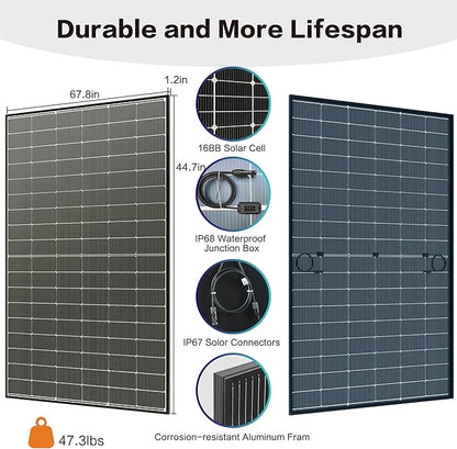 JJN Bifacial 2PCS 400 Watt Solar Panel, N-Type 16BB 400W Solar Panels, 25% High Efficiency Monocrystalline Solar Module for 12V/24V/48V PV System for Homes Rooftop Farm RV and Off-Grid Applications