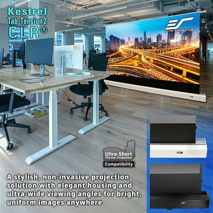 Elite Screens Kestrel Tab-Tension CLR, 121 inch 16:9, Ultra-Short Throw Ceiling Ambient Light Rejecting ALR Electric UST Floor-Rising Projection Motorized Front Projector Screen, FTE121XH3-CLR, White