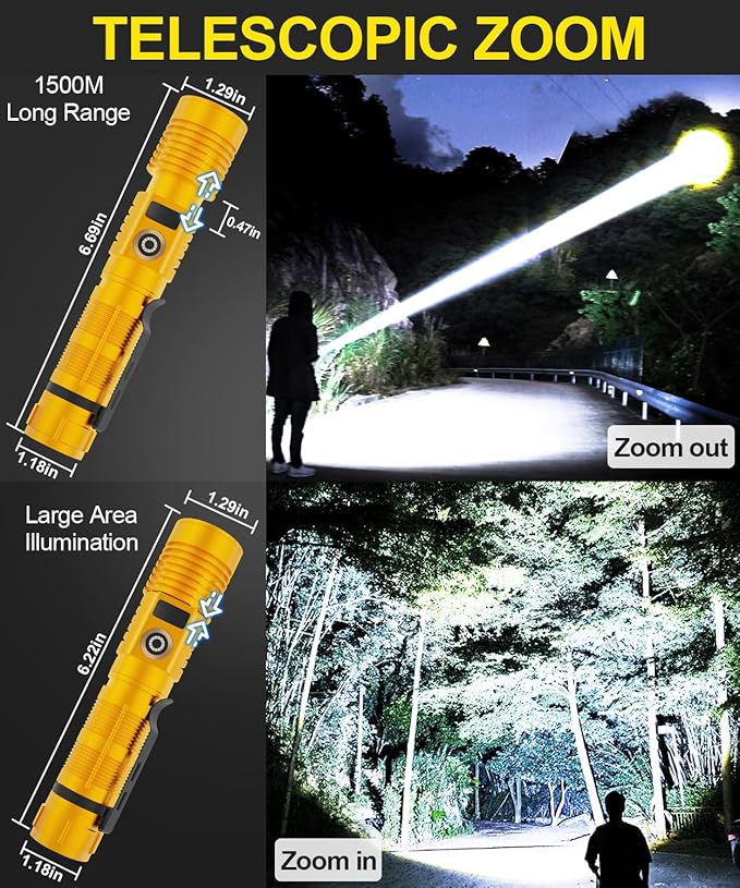 Rechargeable Flashlight High Lumens-Super Bright Magnetic Flash Light with Power Digital Display, Long Range,Dimmable,Waterproof,Pocket LED Flashlights for Emergency Camping 2PC Gold
