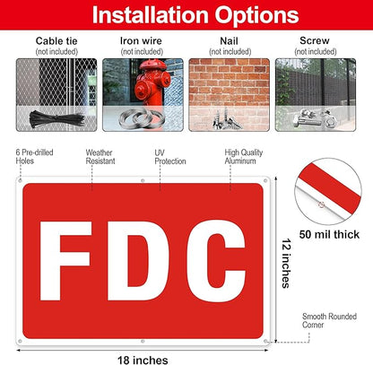 FDC Sign, 2 Pack FDC Signs Outdoor Aluminum Metal Sign, FDC Signs for Fire Department Connection, UV Protected Weather Resistant and Easy to Install (Size: 18x12 inches)
