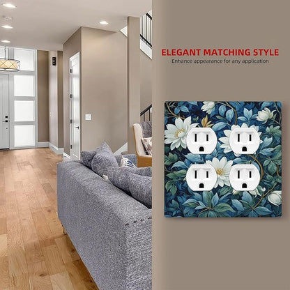 Decorative Outlet Covers Rustic White Floral Flowers Green Blue Leaves 2 Gang Wall Plate Double Duplex Light Switch Cover Switch Plate Covers Faceplate for Bedroom Home Decor