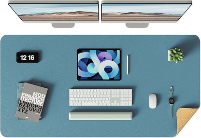YSAGi Double-Sided Desk Mat, Eco Cork & Leather Desk Protector, Large Mouse Pad & Writing Pad for Office/Home (Sea Blue+Cork, 47.2" x 23.6")