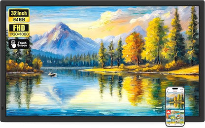 Frameo 32" Extra Large Digital Picture Frame WiFi 64GB, 1920 x 1080 FHD IPS Touch Screen Electronic Photo Frames, Wall Mounted, Auto-Rotate, Support USB and SD Card, Share Photos Videos Instantly