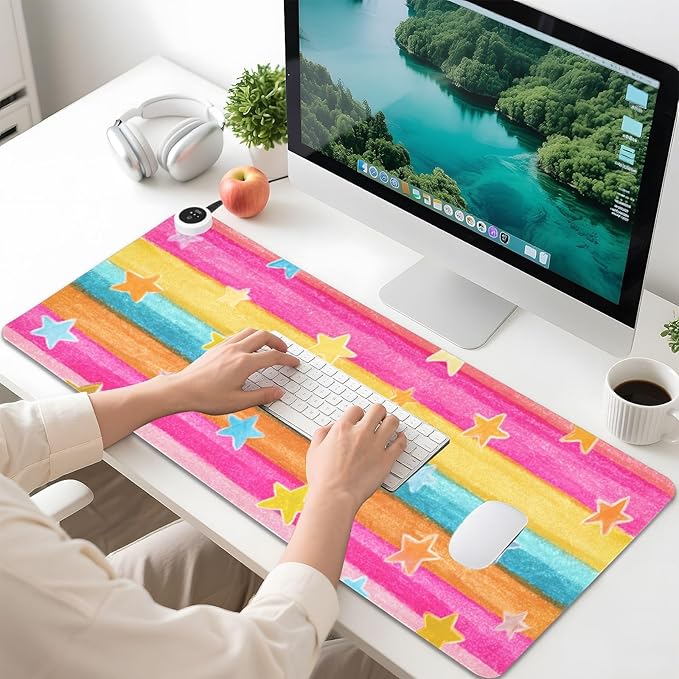 Heated Desk Pad Mouse Pad 31.5x13 Inch PU Leather Desk Mat with 3 Heat Levels Large Mouse Gaming Computer Laptop Mat Bright Rainbow Striped Stars