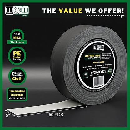 Wow Gaffers Tape 2 Inch Black - 50 Yards, Residue Free, Non-Reflective & Heavy-Duty - Professional Grade Gaff Tape - Ideal for Photography Backdrop, Cables, Cords & Floor Taping