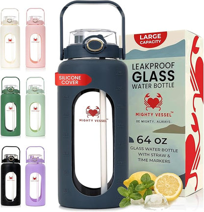 64 oz Glass Water Bottle – Dark Blue | Large Borosilicate Glass Jug with Straw & Time Marker – Leakproof, Travel-Ready Hydration for Sports, Gym, Daily Use