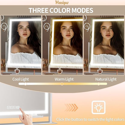 Hasipu Vanity Mirror with Lights and Bluetooth Speaker, 29.5" x 21.3" LED Makeup Mirror, Light up Mirror with 10X Magnification, USB Charging Port, Smart Touch 3 Colors Dimmable (White)