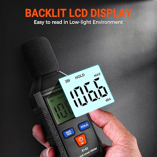 Decibel Meter, Portable Sound Level Meter with Backlit LCD (35-130dB(A) Range), Digital SPL Meter with MAX/MIN Data Hold, Noise Tester for Neighbors, Office, Workshop, and Classroom