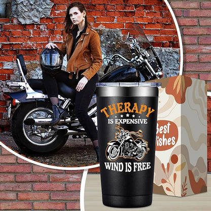 Fufandi Motorcycle Gifts for Men - Therapy Is Expensive Wind Is Free Motorcycle Gifts Tumbler - Christmas Fathers Day Gift for Motorcycle Lovers, Dad, Boyfriend - Tumbler Cup 20oz