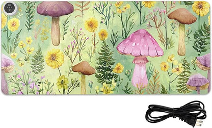 Heated Desk Pad Mouse Pad 31.5x13 Inch PU Leather Desk Mat with 3 Heat Levels Large Mouse Gaming Computer Laptop Mat Watercolor Mushrooms Green