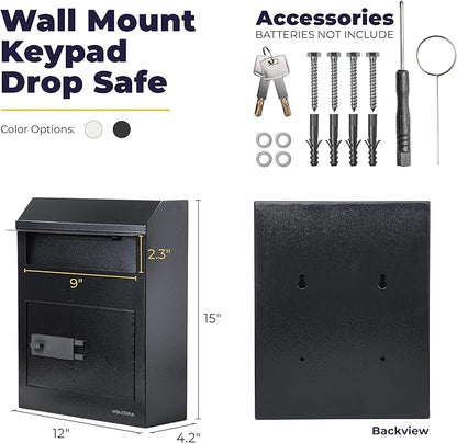 Volcora Key Drop Box with Lock, Drop Slot Depository Safe Box Digital Keypad, Outdoor Waterproof Money Drop Safe for Business, Cash Drop Box, Wall Mount Mailbox, Electronic Programmable Lock, Black