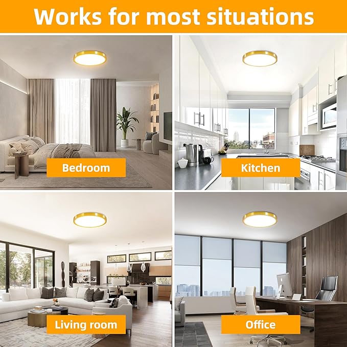 Hlite 4pack 12 inch Flush Mount LED Ceiling Light Fixture,24W 2400LM Super Slim Light Fixtures Ceiling Mount 3000K/4000K/5000K 3CCT Selectable,Light Fixtures for Kitchen,Bedroom (Gold)