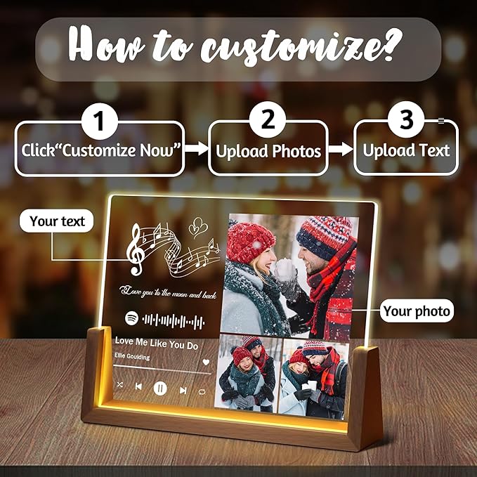 Personalized Couple Gifts For Boyfriend Girlfriend Him Her Husband Wife, Custom Acrylic Spotify Song Plaque With Photo Name, Light Up Picture Frame Gifts For Women Men Birthday Christmas