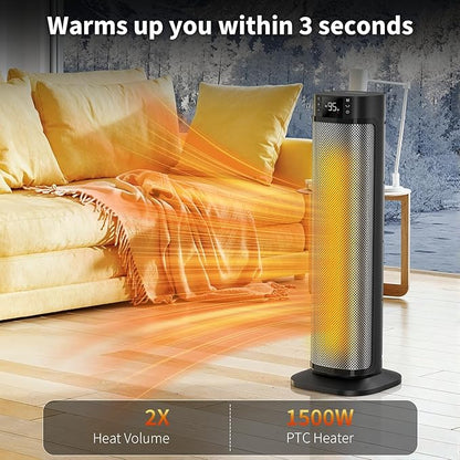 Space Heater, 24" Electric Heaters for Indoor Use, 1500W PTC Ceramic Heater for Office with Remote, Thermostat, 3 Modes, 35dB Quiet, 12H Timer Portable Heater for Bedroom Home Large Rooms Silver