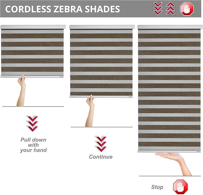 Shadesu Cordless Zebra Blinds for Windows, 52" W x 72" H, Brown, Dual Layer Free-Stop Zebra Shades, Light Control for Day and Night, Sheer Blinds for Indoor Windows, Bedroom, Kitchen