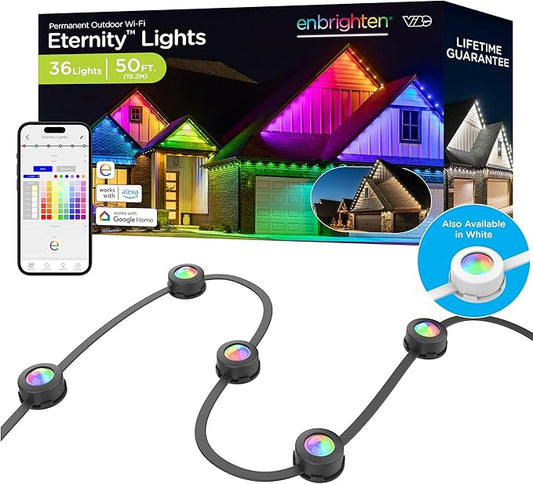 Enbrighten Vibe Eternity Permanent Outdoor Lights, 50ft, 36 RGBWIC LEDs, Smart Everyday Accent Lights, IP67 Waterproof, Compatible with Alexa, Google Home, Black, 82729