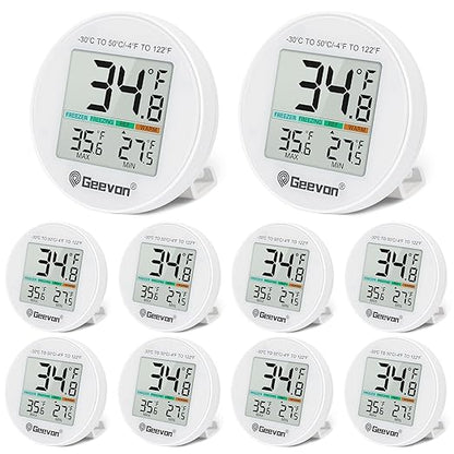 Geevon Small Digital Refrigerator Thermometer 10 Pack, IP65 Waterproof Commercial and Home Use, Max/Min Record Function with LCD Screen, Stand and Magnetic Back, for Fridge, Freezer Scenarios