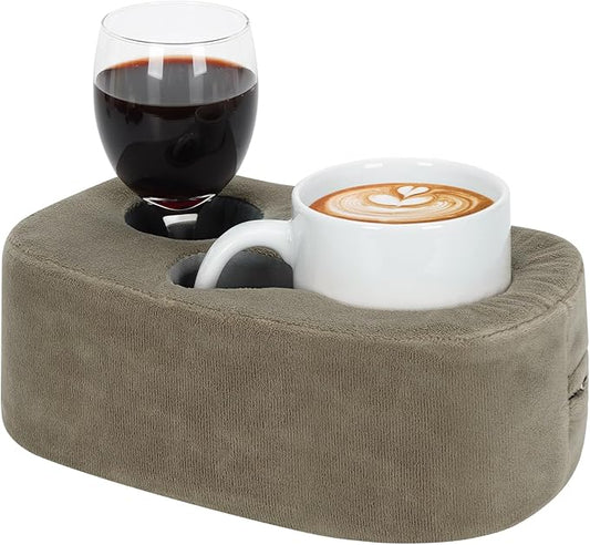 G GOOD GAIN Couch Cup Holder Pillow - Sofa & Bed Organizer Caddy for Drinks, Phones, Remotes, Snacks | Portable Tray for Car, Boat, RV, Picnic,Lightbrown
