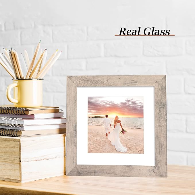 iRahmen 8x8 Picture Frames Set of 4 with High Definition Real Glass, Smoke Gray Frame Display 6x6 Pictures with Mat or 8 x 8 Without Mat, Wood Square Photo Frame for Wall Mount and Tabletop Display