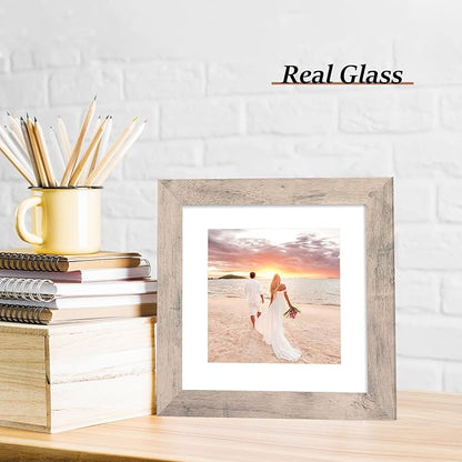 iRahmen 8x8 Picture Frames Set of 4 with High Definition Real Glass, Smoke Gray Frame Display 6x6 Pictures with Mat or 8 x 8 Without Mat, Wood Square Photo Frame for Wall Mount and Tabletop Display