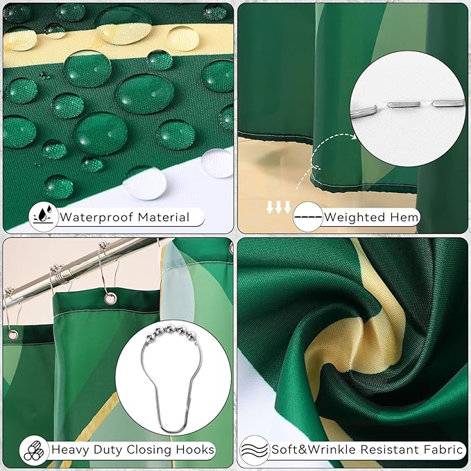 Bathroom Set - Green and Gold Bathroom Accessories, Bathroom Sets with Shower Curtain and Rugs, Green Shower Curtain Set with Bathroom Trash Can, Soap Dispenser, Soap Dish for Home Decor