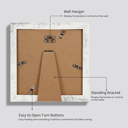 iRahmen 8x8 Picture Frames Set of 4 with Real Glass, Distressed White Frame Display 6x6 Pictures with Mat or 8 x 8 Without Mat, Wood Square Photo Frame for Wall Mount and Tabletop Display