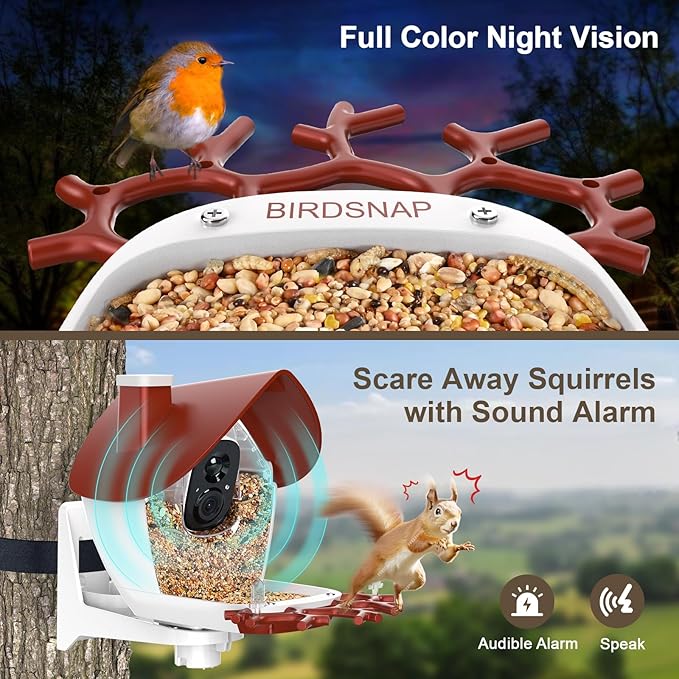birdsnap® P33 - Smart Bird Feeder with Camera Solar Powered, 2K Video Bird Camera Feeder Live with 32GB Card, AI Identify Feather Species, Auto Record in Backyard, Ideal Gift for Birds Lover