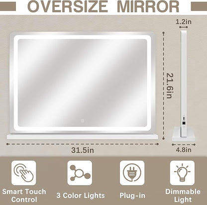 ROLOVE Vanity Mirror with Lights, 32" x 22" Large Lighted Vanity Mirror with Dimmable 3 Modes, LED Makeup Mirror, Touch Screen Control, USB Charging Port, Tabletop or Wall-Mounted