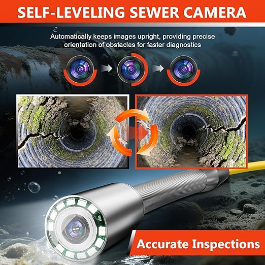 Sewer Camera, Self-Leveling Drain Camera 165 ft with Distance Counter, 9" 1080P HD Plumbing Cameras Snake with 12 LED Lights, IP68 & 32GB DVR, Industrial Endoscope for Duct Sewer Line Pipe Inspection