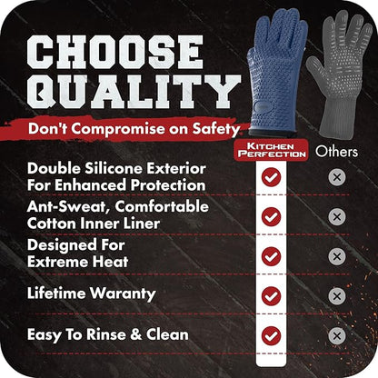 KITCHEN PERFECTION XL Silicone Smoker Oven Gloves-Extreme Heat Resistant BBQ Gloves-Handle Hot Food Right on Your Grill Fryer&Pit|Waterproof Grilling Cooking Baking Mitts|Superior Value Set+3 Bonuses