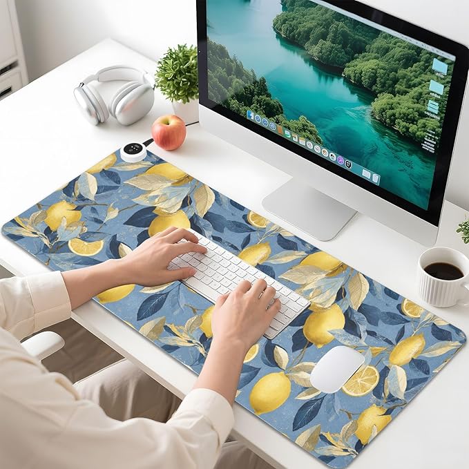 Heated Desk Pad Mouse Pad 31.5x13 Inch PU Leather Desk Mat with 3 Heat Levels Large Mouse Gaming Computer Laptop Mat Blue Lemon Leaves