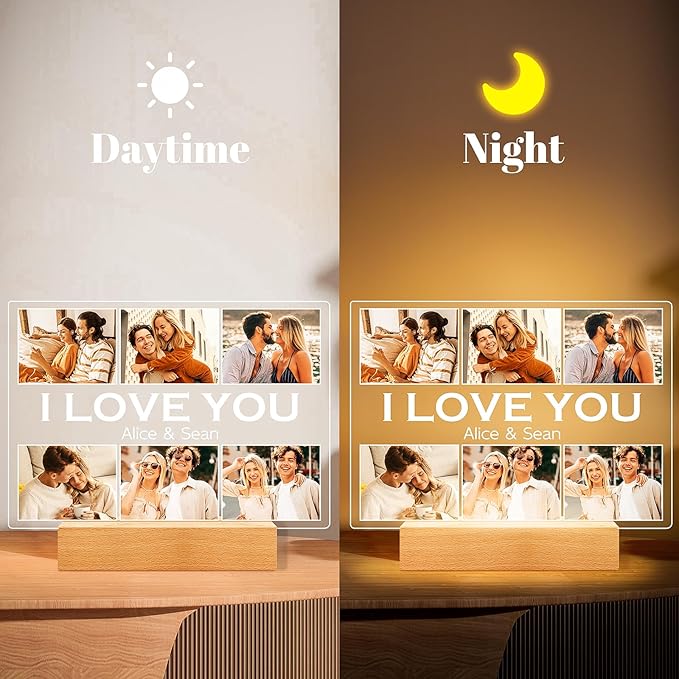 Personalized Picture Frame with Photo, Customized Photo Frame with Night Light, Custom Picture Frames, Personalized Anniversary Valentines Day Gifts for Women Men Her Him Girlfriend Boyfriend Couple