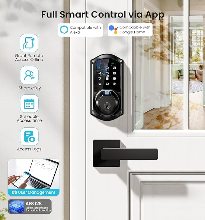 Veise VE07-L Fingerprint Smart Locks for Front Door with Zinc Alloy Handle Set, App Control, Keyless Entry, Electronic Digital Keypad Deadbolt, Auto Lock, Waterproof, Easy to Install, Matte Black