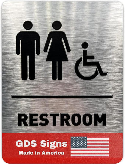 Unisex/Wheelchair Bathroom Sign by GDS - ADA Compliant, Wheelchair Accessible, Raised Icons, & Grade 2 Braille - Includes Adhesive Strips for Easy Installation - Bathroom Signs for Business, Restroom Sign, Restroom Signs for Business - 6" W x 8" H (Bru...