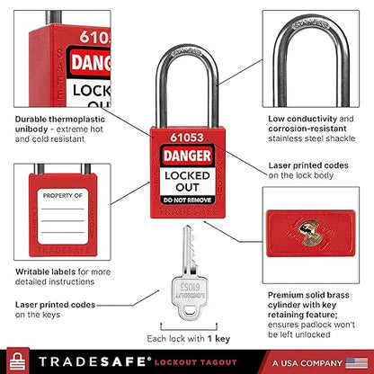 TRADESAFE Lockout Tagout Locks Set - 7 Red Loto Locks, Lockout Locks Keyed Different, 1 Key Per Lock, OSHA Compliant Lock Out Tag Out Padlocks, Safety Padlocks for Electrical Lockout Tag Out Kits
