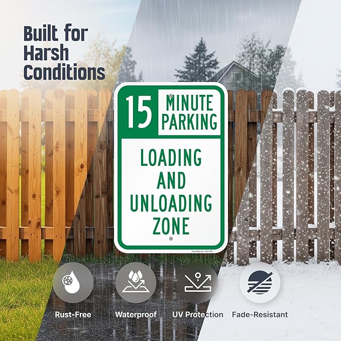 SmartSign 18 x 12 inch "15 Minute Parking Loading And Unloading Zone" Sign, 2mm Thick Aluminum Composite, Pre-Drilled Holes, Green and White, Made in USA