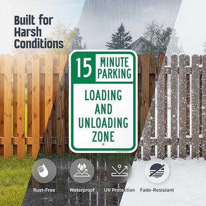 SmartSign 18 x 12 inch "15 Minute Parking Loading And Unloading Zone" Sign, 2mm Thick Aluminum Composite, Pre-Drilled Holes, Green and White, Made in USA