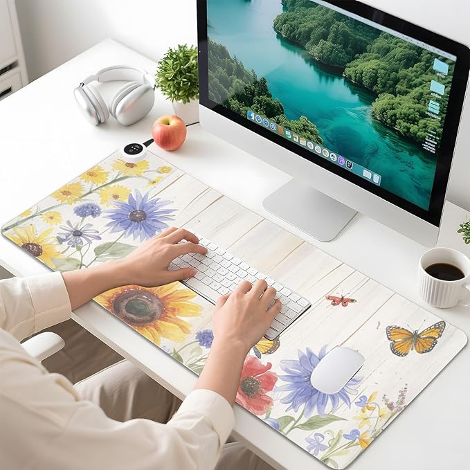 Heated Desk Pad Mouse Pad 31.5x13 Inch PU Leather Desk Mat with 3 Heat Levels Large Mouse Gaming Computer Laptop Mat Watercolor Cornflower Butterfly