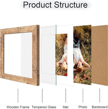 iRahmen 8x8 Picture Frame with HD Tempered Glass, Display Pictures 6x6 with Mat or 8 x 8 Without Mat, Wood Photo Frame for Tabletop and Wall (Rustic Brown, 1 Pack)