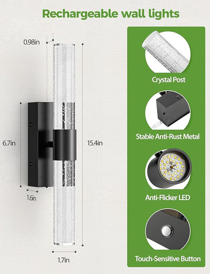 Battery Operated Wall Sconce Set of 2,3CCT Dimmable,10400mAh,Black Modern Rechargeable Wall Sconce with Remote,Wireless Wall Lights for Bedroom,Living Room,Hallway(15.3 inch)