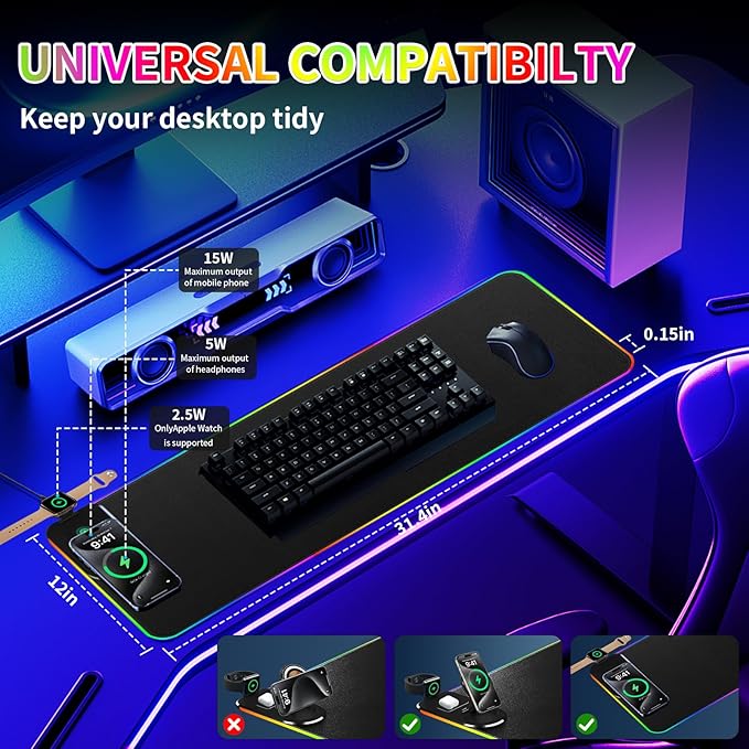 15W Fast Wireless Charging Mouse Pad, XXL RGB Gaming Desk Mat (31.5x15.7in) with Power Adapter & USB-C Cable，15 RGB Light Modes Desk Mat, Waterproof Keyboard Pad for PC/MacBook/Laptop (Black)